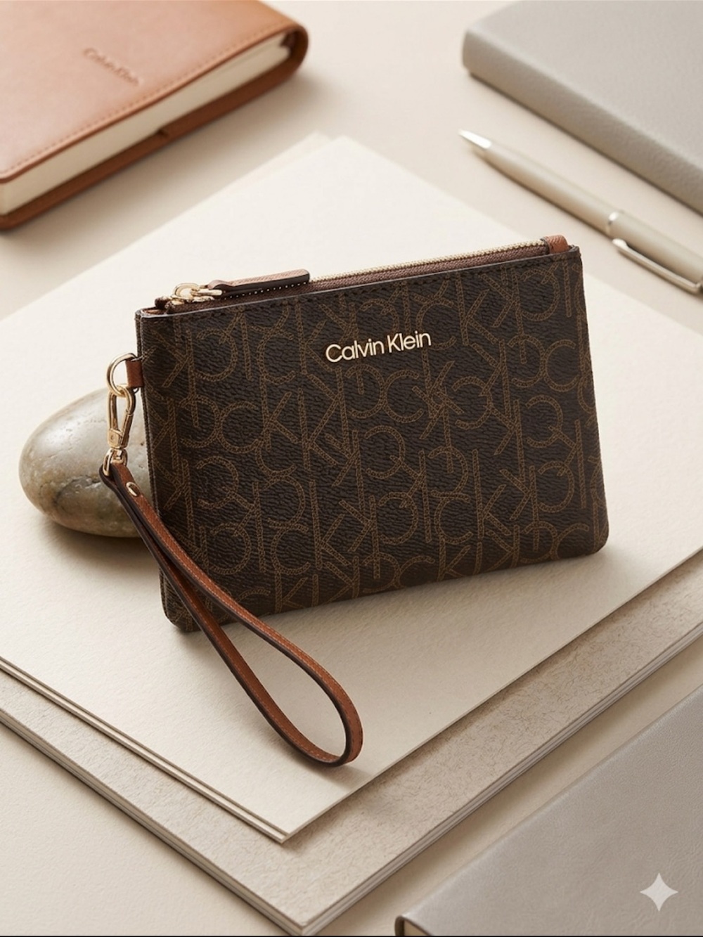 Calvin Klein Brown Logo Wristlet Clutch